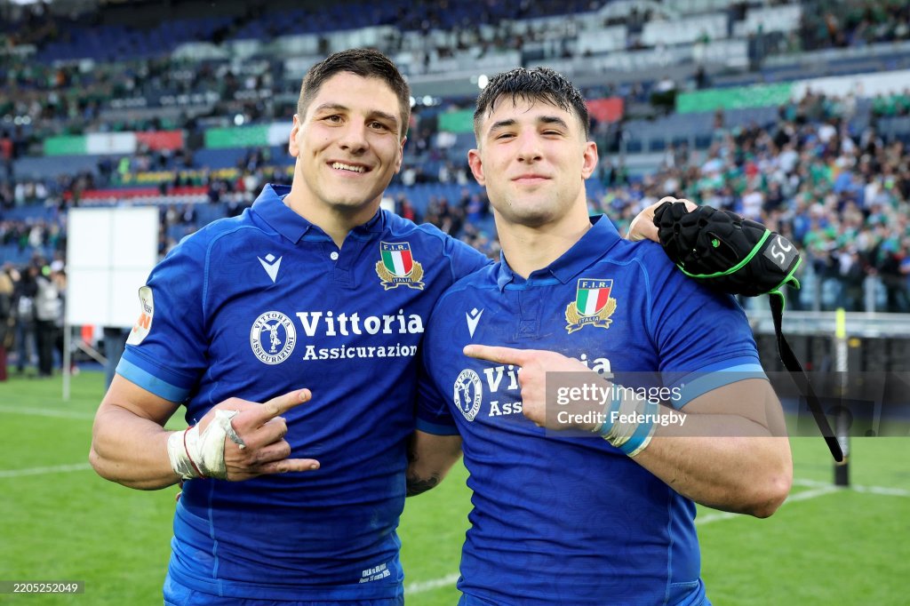 ROME, ITALY - MARCH 15: Juan Ignacio Brex and Tommaso Menoncello of Italy at the end of the Guinness Six Nations 2025 match between Italy and Ireland at Stadio Olimpico on March 15, 2025 in Rome, Italy. (Photo by Giampiero Sposito/Federugby via Getty Images)
